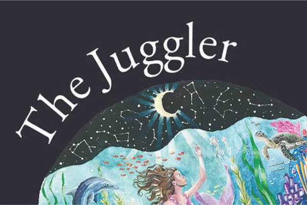 The title “The Juggler” sits atop a watercolor illustration of a night sky melting into an ocean scene.