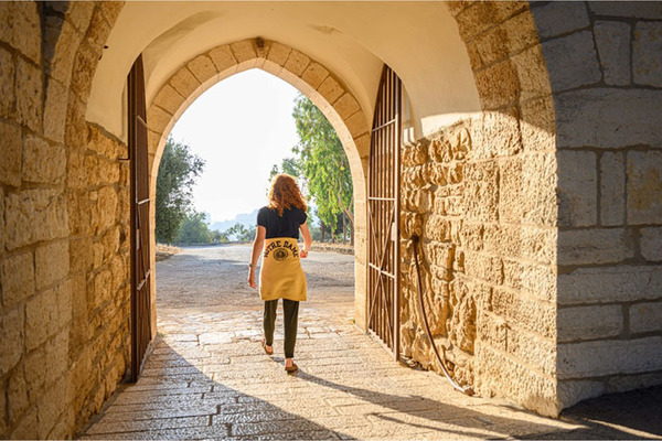 A student wearing a Notre Dame sweater walks through a stone archway.